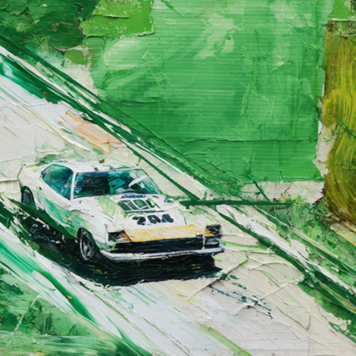 EMERALD RUSH: Textured Sports Car Racing Impasto Oil Painting | rectangular format, hand-painted canvas edge