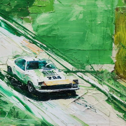 EMERALD RUSH: Textured Sports Car Racing Impasto Oil Painting | rectangular format, hand-painted canvas edge