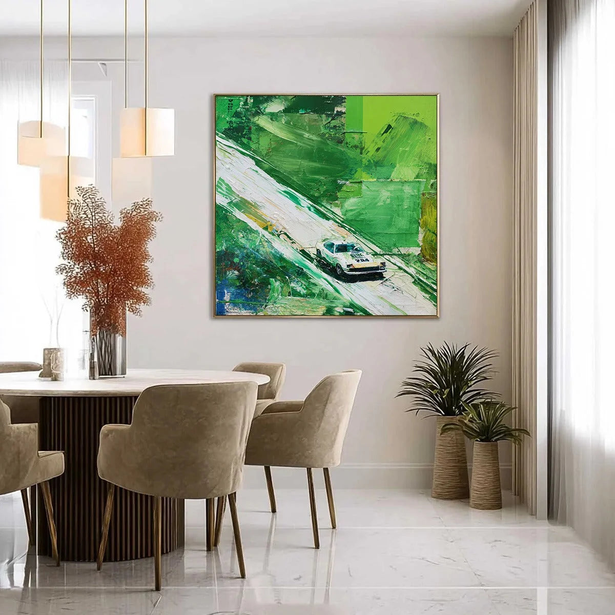 EMERALD RUSH: Textured Sports Car Racing Impasto Oil Painting | gold frame stretched on neutral wall