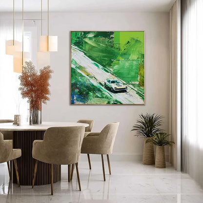 EMERALD RUSH: Textured Sports Car Racing Impasto Oil Painting | gold frame stretched on neutral wall