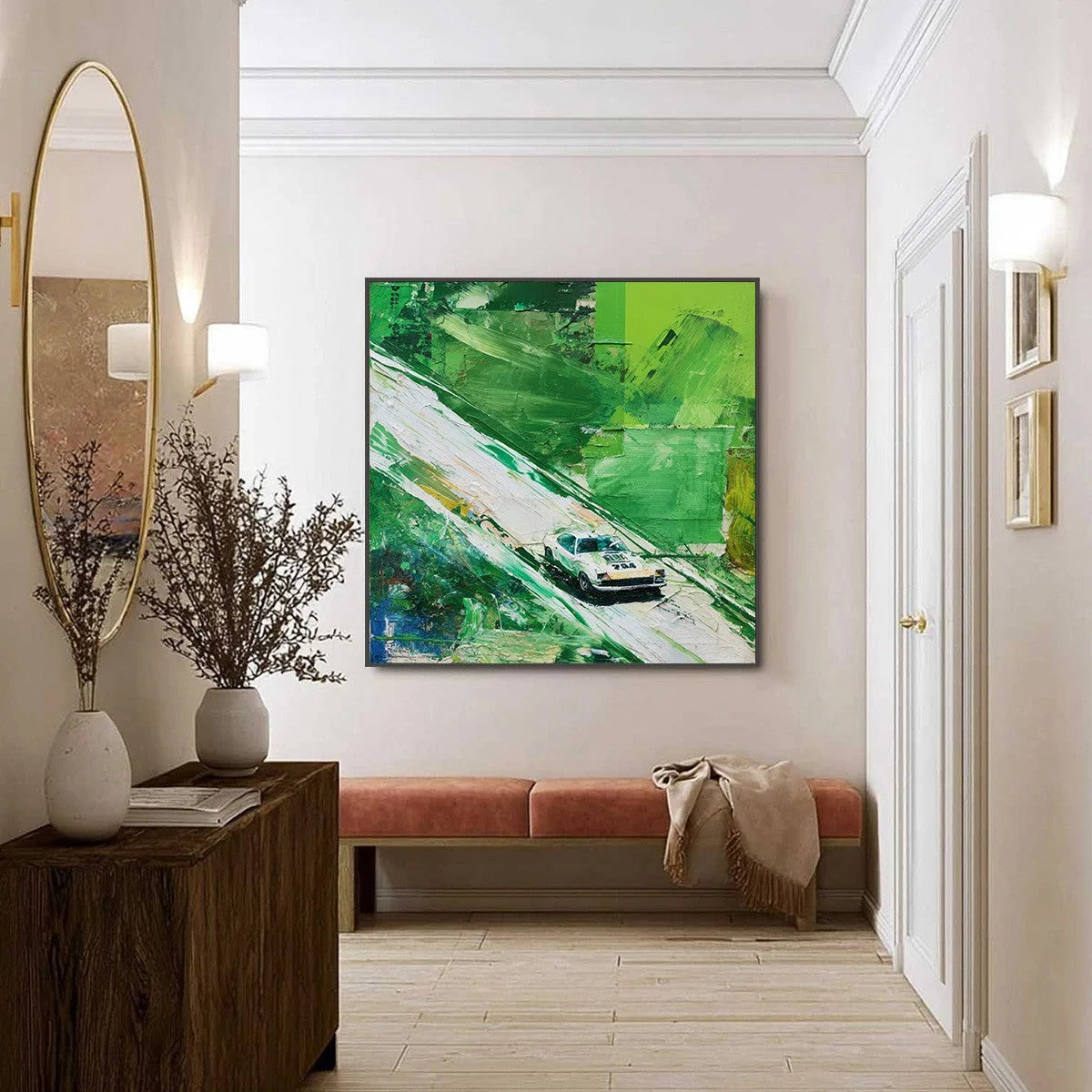 EMERALD RUSH: Textured Sports Car Racing Impasto Oil Painting | black frame version on white wall