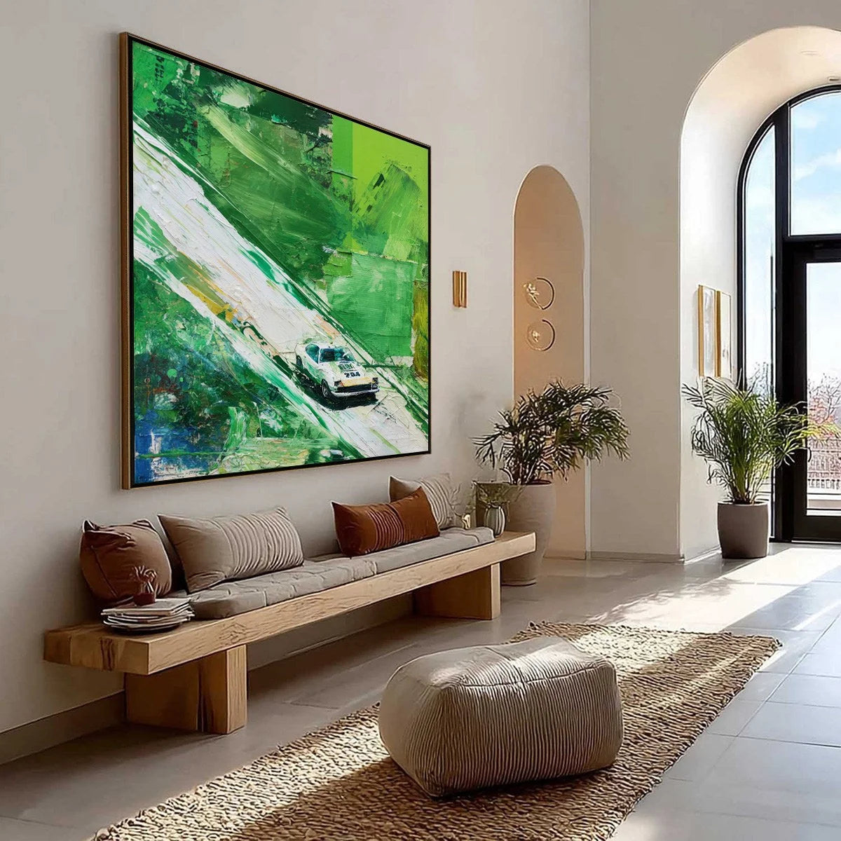 EMERALD RUSH: Textured Sports Car Racing Impasto Oil Painting | Abstract mood, soft natural light studio shot
