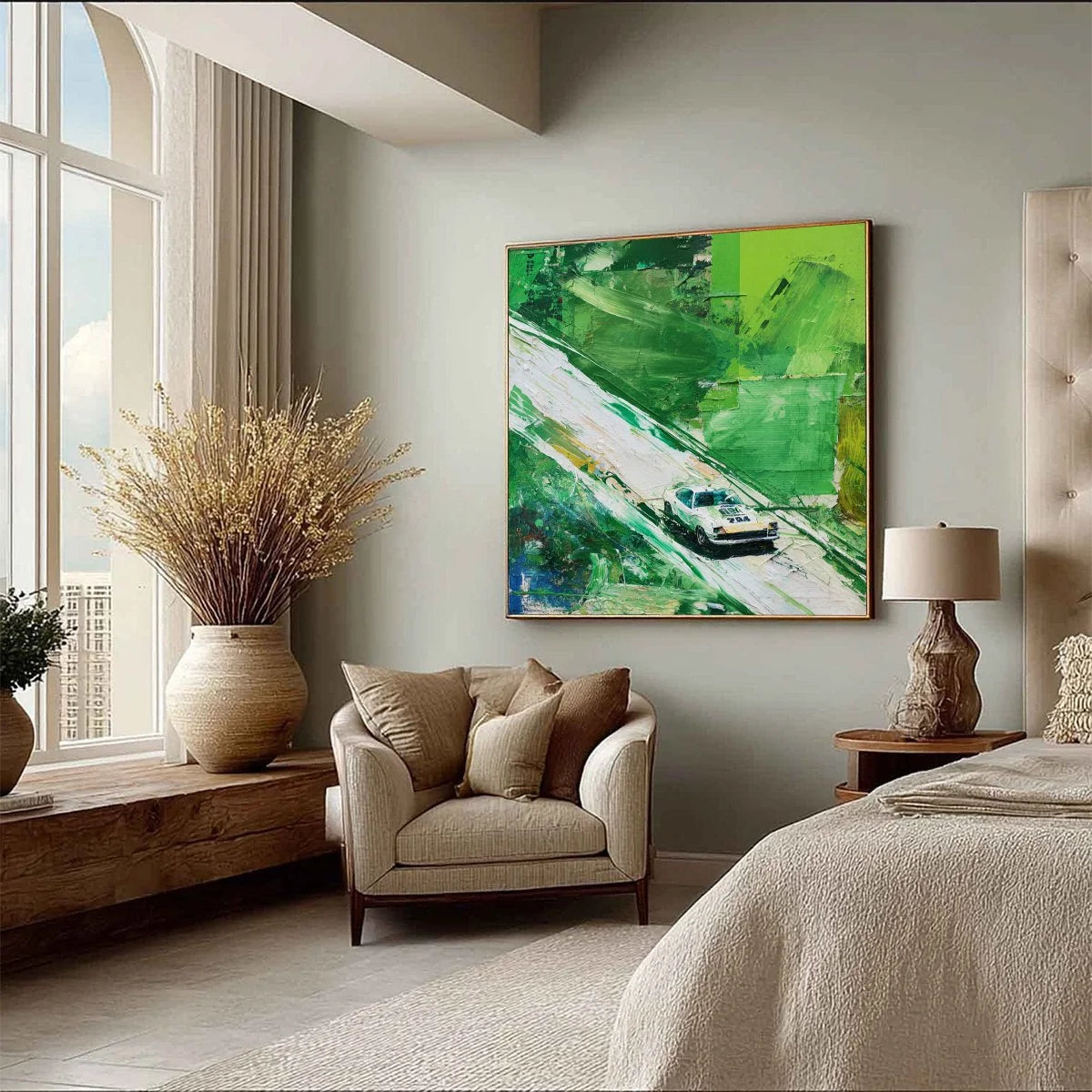 EMERALD RUSH: Textured Sports Car Racing Impasto Oil Painting | green palette, original Hand-painted on premium stretched canvas using artist-grade oils; rich layered surface combines smooth gradie...