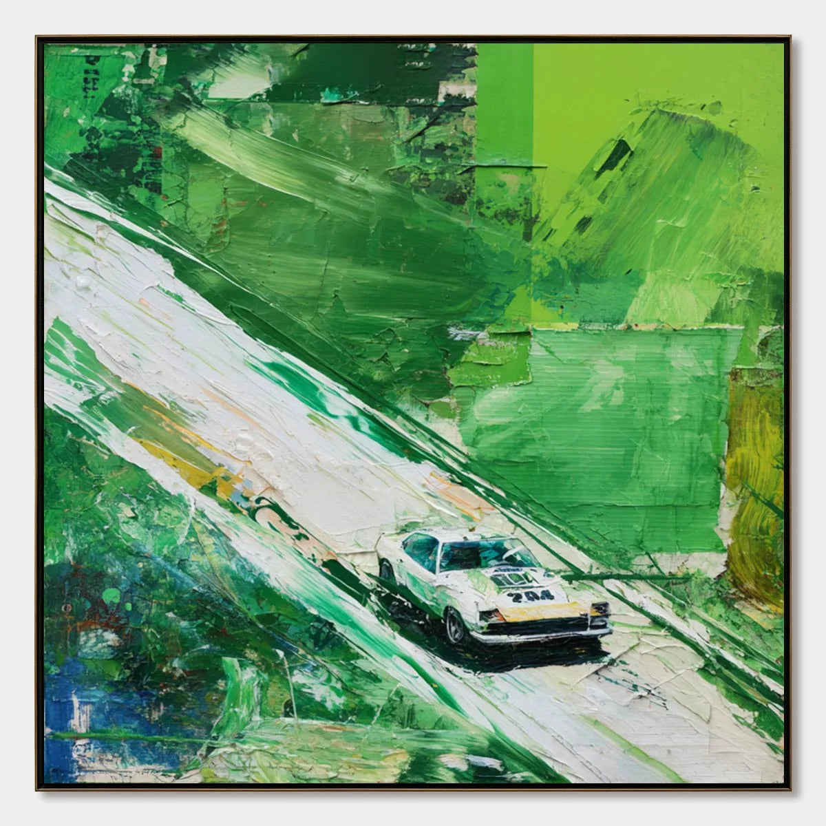 EMERALD RUSH: Textured Sports Car Racing Impasto Oil Painting | hanging in EMERALD RUSH: Textured Sports Car Racing Impasto Oil Painting featuring layered textured brushwork in refined tones; abstr...