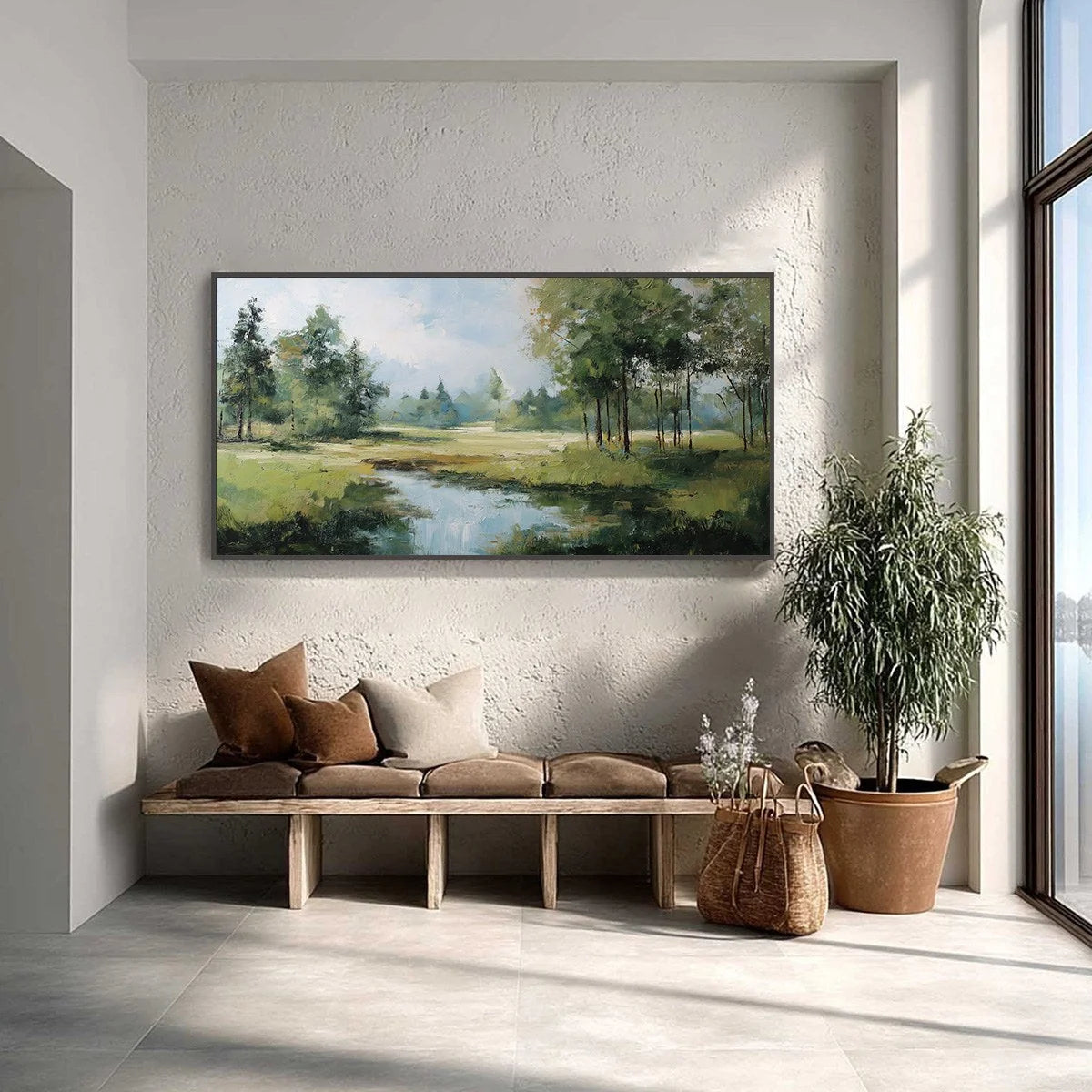 Emerald Sanctuary Green Forest River Landscape Oil Painting | Landscape closeup, raised brushwork detail