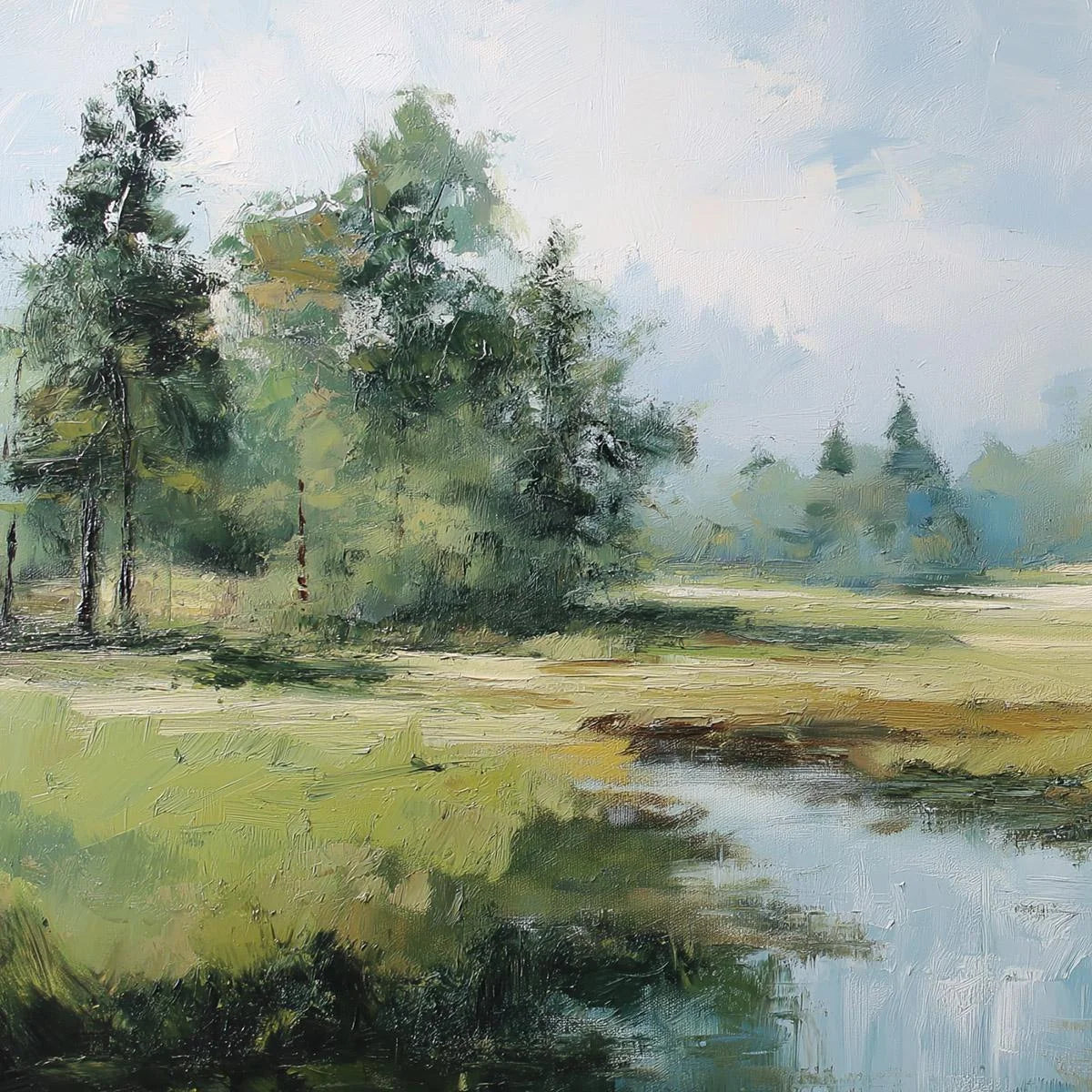 Emerald Sanctuary Green Forest River Landscape Oil Painting | rectangular format, hand-painted canvas edge