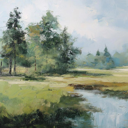 Emerald Sanctuary Green Forest River Landscape Oil Painting | rectangular format, hand-painted canvas edge
