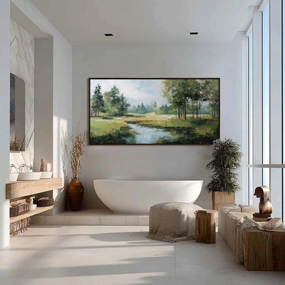 Emerald Sanctuary Green Forest River Landscape Oil Painting | gold frame stretched on neutral wall