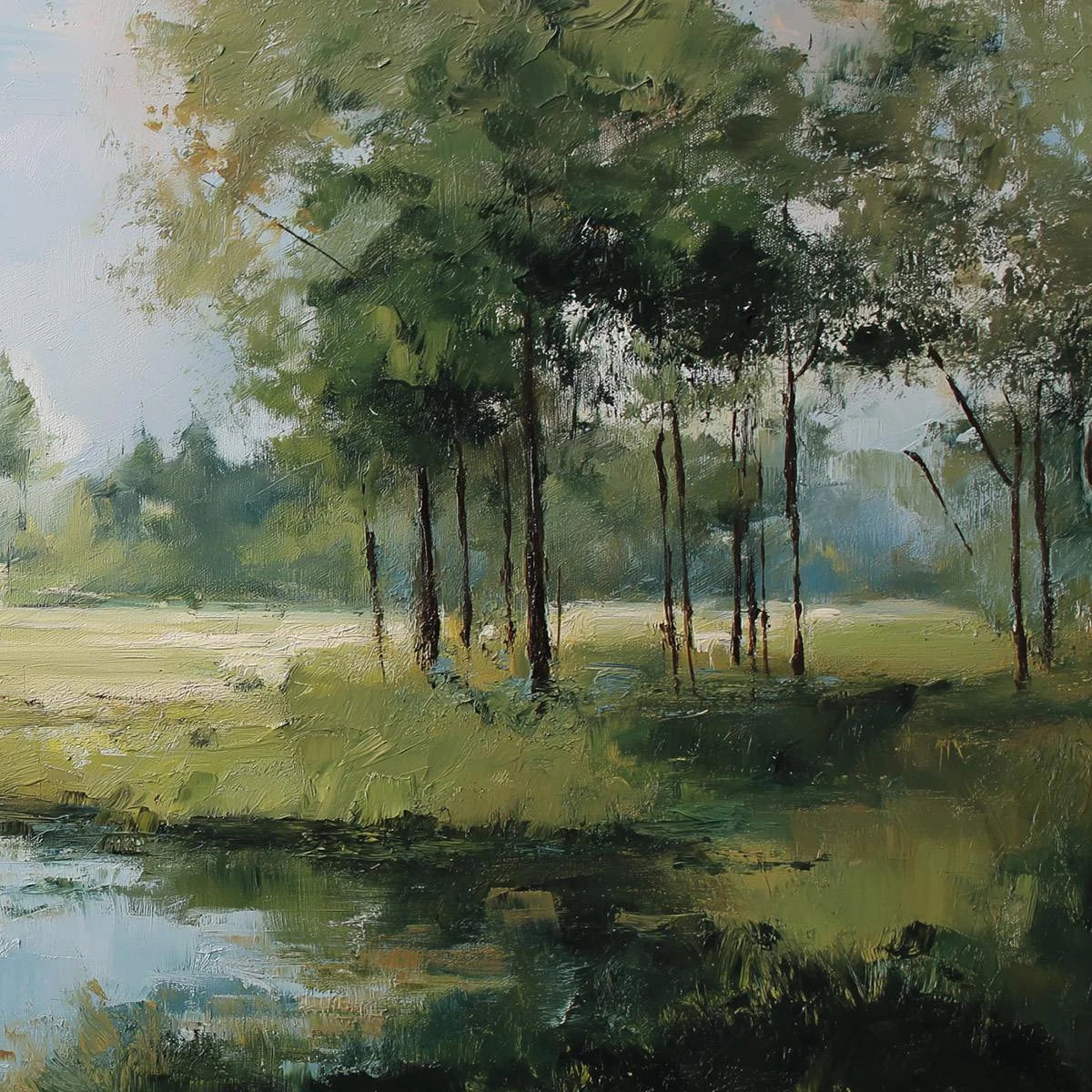 Emerald Sanctuary Green Forest River Landscape Oil Painting | rolled canvas, ready for custom framing