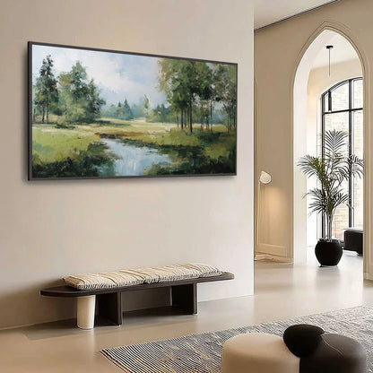 Emerald Sanctuary Green Forest River Landscape Oil Painting | Landscape mood, soft natural light studio shot