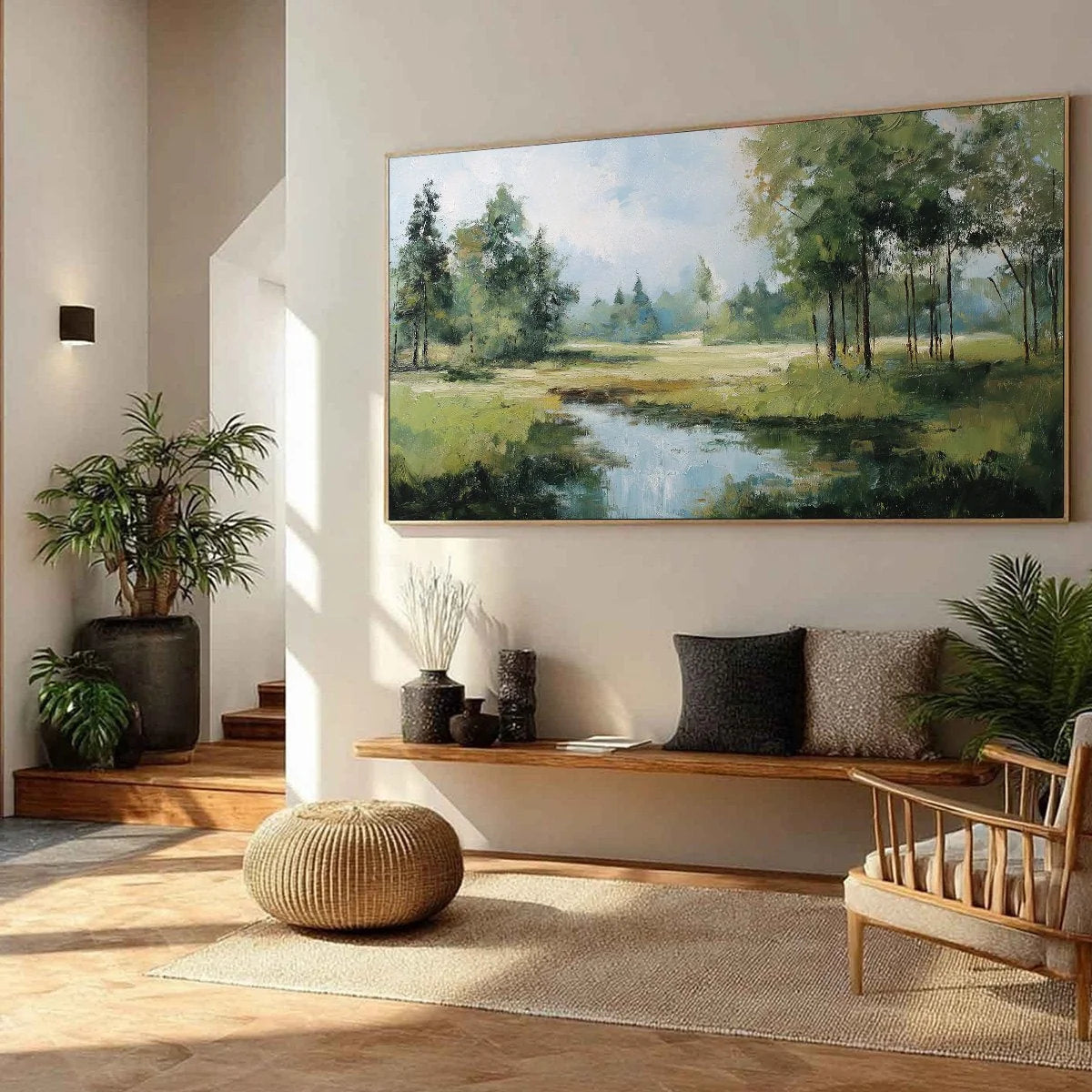 Emerald Sanctuary Green Forest River Landscape Oil Painting | green palette, original Hand-painted on premium stretched canvas using artist-grade oils; rich layered surface combines smooth gradient...