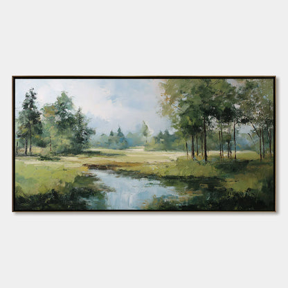 Emerald Sanctuary Green Forest River Landscape Oil Painting | hanging in Emerald Sanctuary Green Forest River Landscape Oil Painting featuring layered textured brushwork in refined tones; landscape...