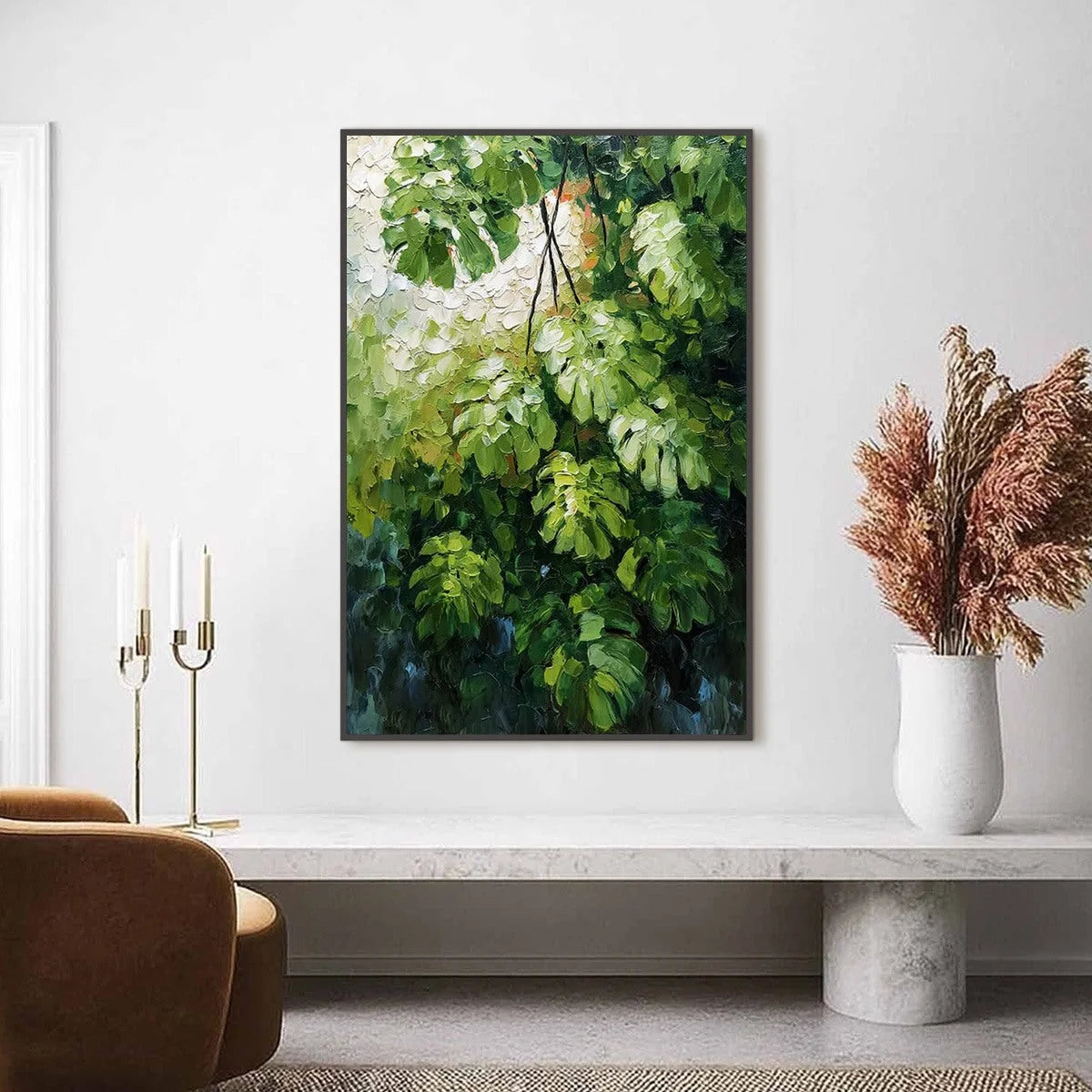EMERALD SANCTUARY: Textured Green Monstera Leaf Impasto Oil Painting | Abstract closeup, raised brushwork detail