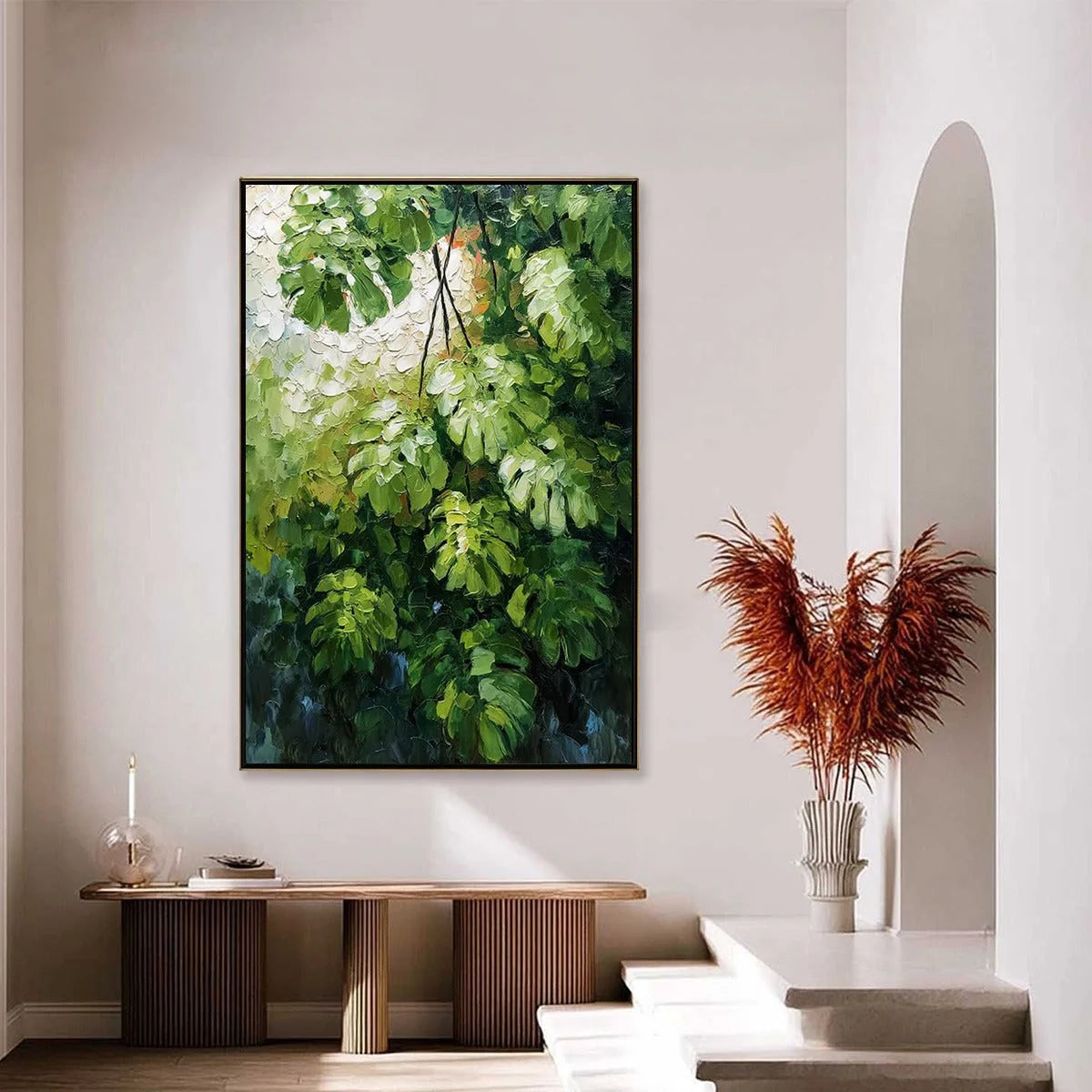 EMERALD SANCTUARY: Textured Green Monstera Leaf Impasto Oil Painting | gold frame stretched on neutral wall