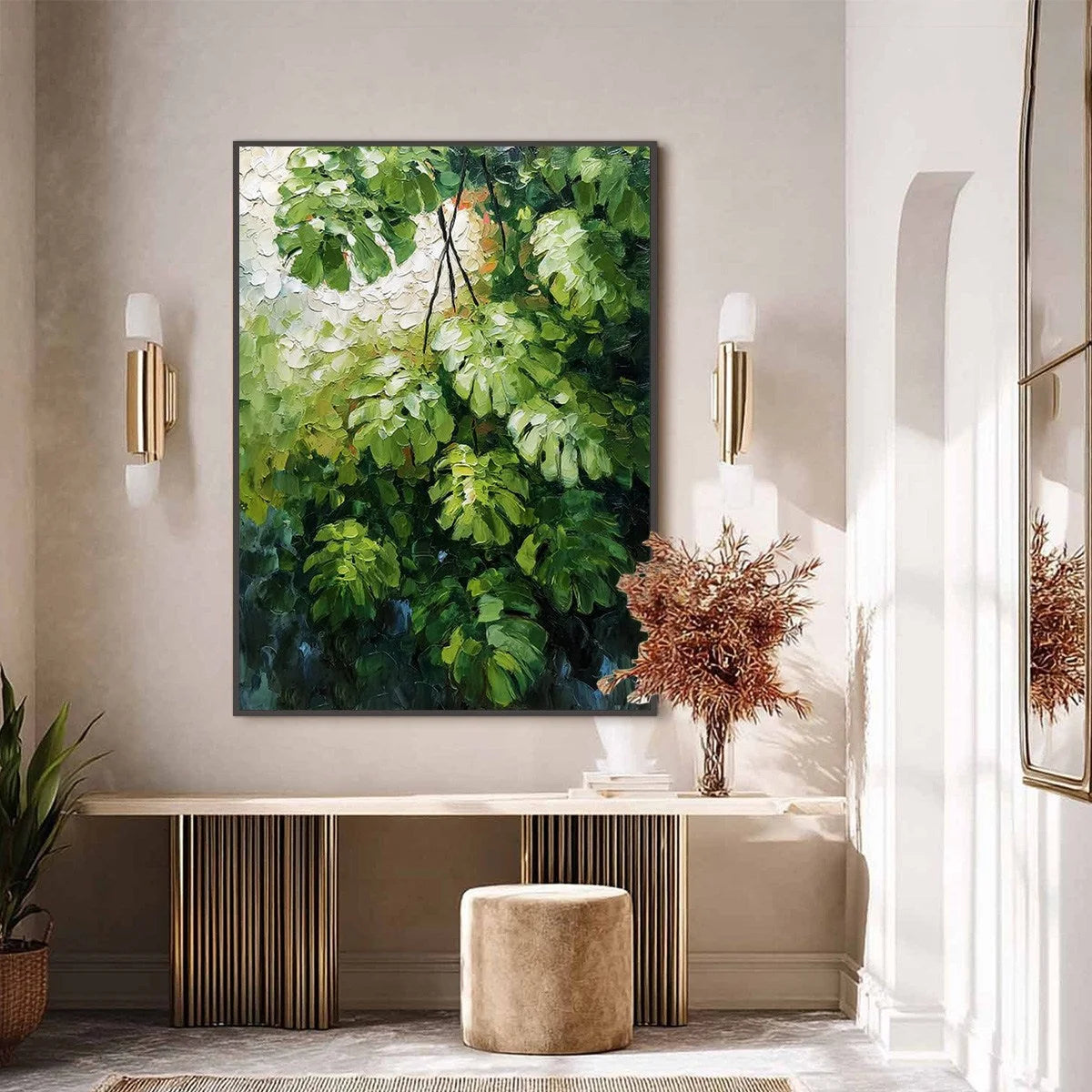 EMERALD SANCTUARY: Textured Green Monstera Leaf Impasto Oil Painting | black frame version on white wall