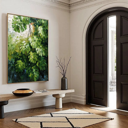 EMERALD SANCTUARY: Textured Green Monstera Leaf Impasto Oil Painting | green palette, original Hand-painted on premium stretched canvas using artist-grade oils; rich layered surface combines smooth...