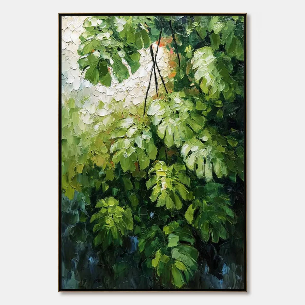 EMERALD SANCTUARY: Textured Green Monstera Leaf Impasto Oil Painting | hanging in EMERALD SANCTUARY: Textured Green Monstera Leaf Impasto Oil Painting featuring layered textured brushwork in refine...