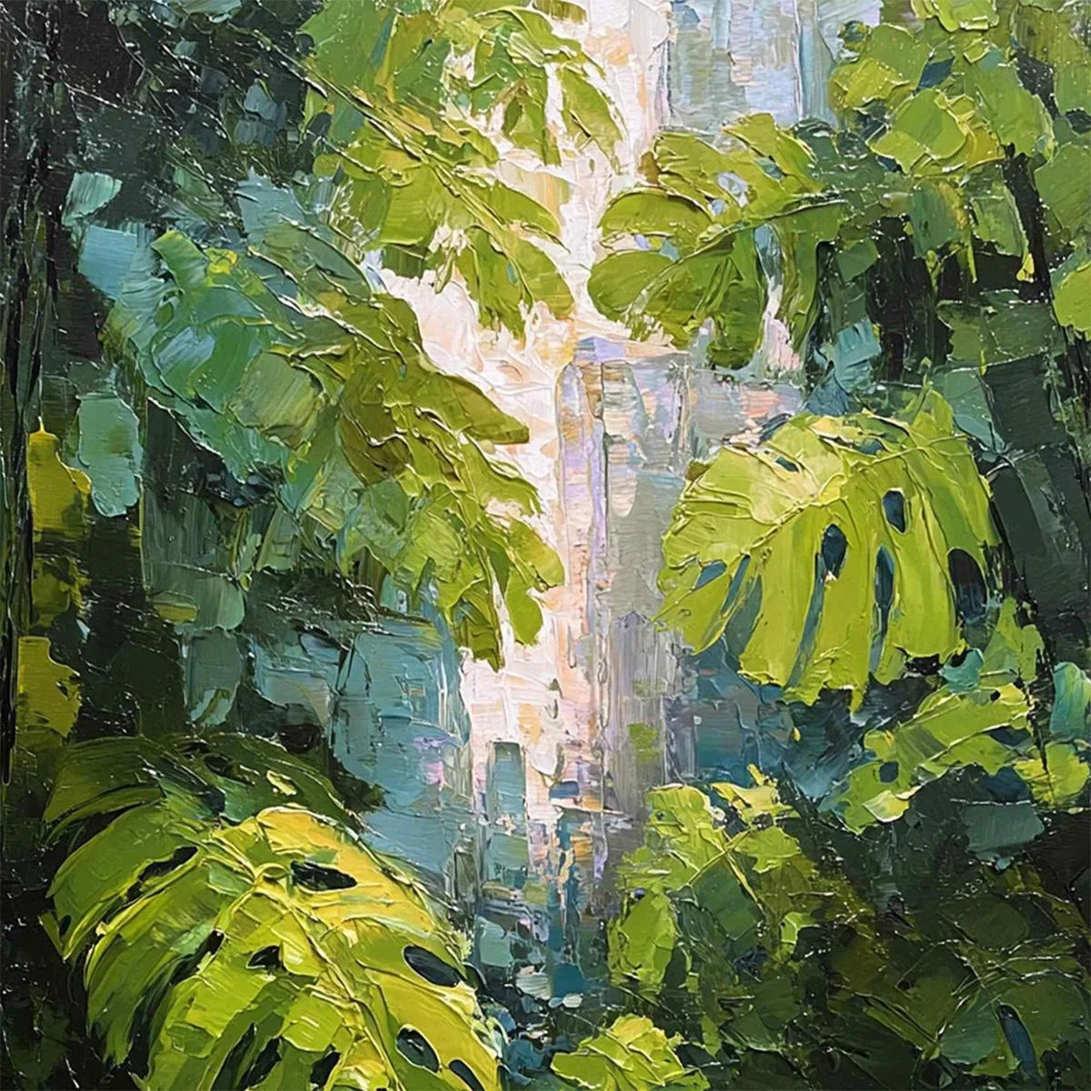 EMERALD SANCTUARY: Textured Impasto Forest & Plants Oil Painting | rectangular format, hand-painted canvas edge