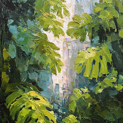EMERALD SANCTUARY: Textured Impasto Forest & Plants Oil Painting | rectangular format, hand-painted canvas edge