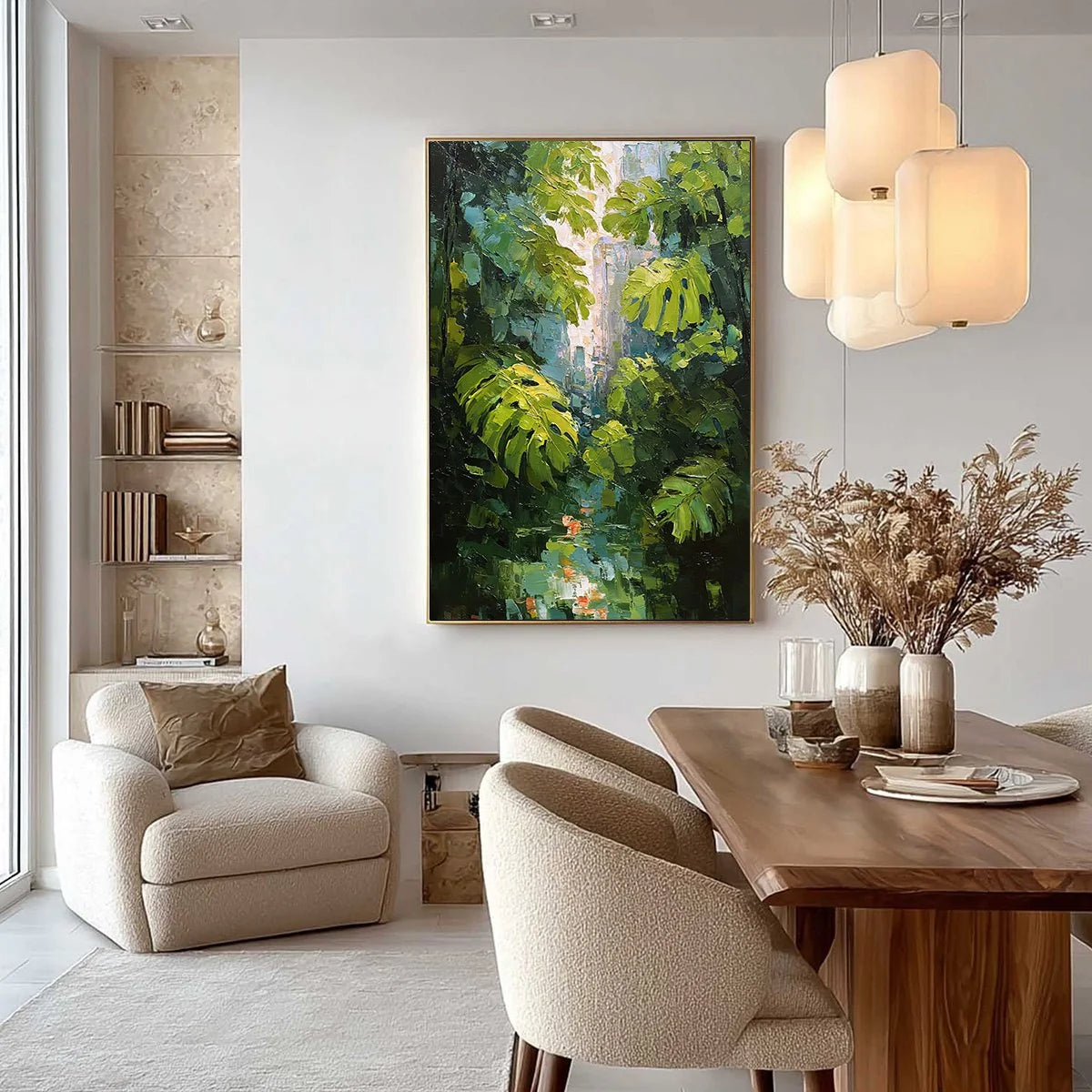 EMERALD SANCTUARY: Textured Impasto Forest & Plants Oil Painting | gold frame stretched on neutral wall