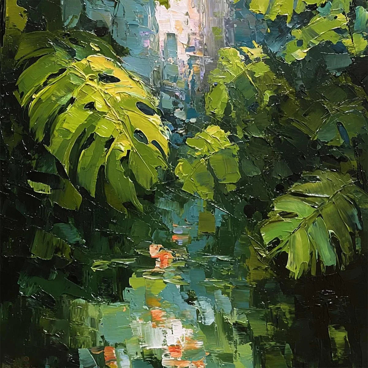 EMERALD SANCTUARY: Textured Impasto Forest & Plants Oil Painting | rolled canvas, ready for custom framing