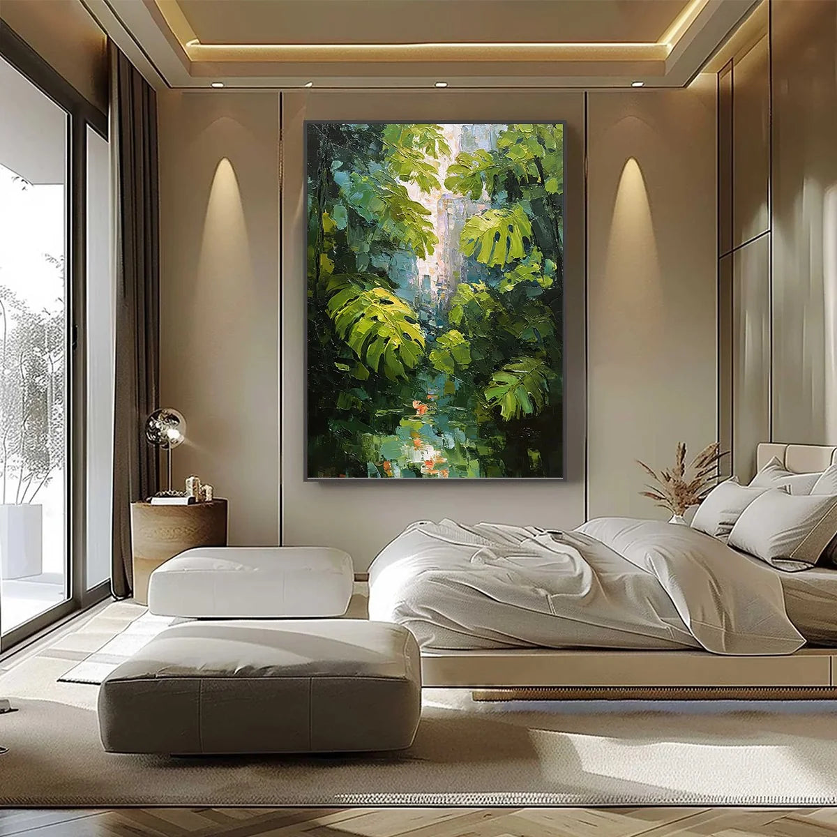 EMERALD SANCTUARY: Textured Impasto Forest & Plants Oil Painting | black frame version on white wall