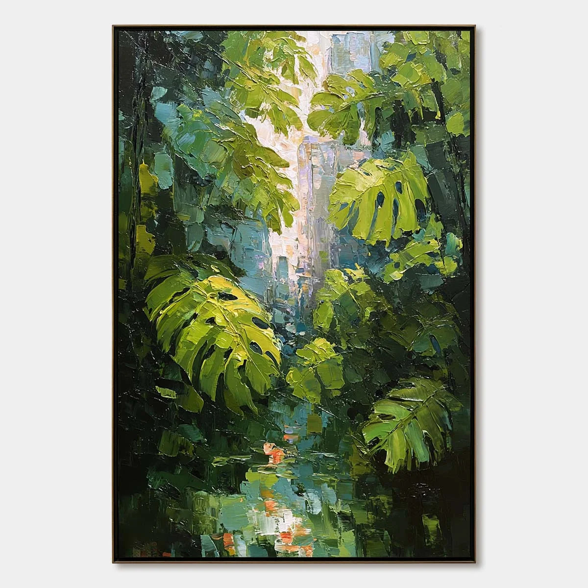 EMERALD SANCTUARY: Textured Impasto Forest & Plants Oil Painting | hanging in EMERALD SANCTUARY: Textured Impasto Forest & Plants Oil Painting featuring layered textured brushwork in refined tones;...