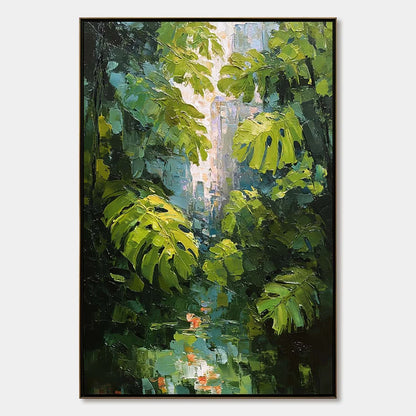 EMERALD SANCTUARY: Textured Impasto Forest & Plants Oil Painting | hanging in EMERALD SANCTUARY: Textured Impasto Forest & Plants Oil Painting featuring layered textured brushwork in refined tones;...