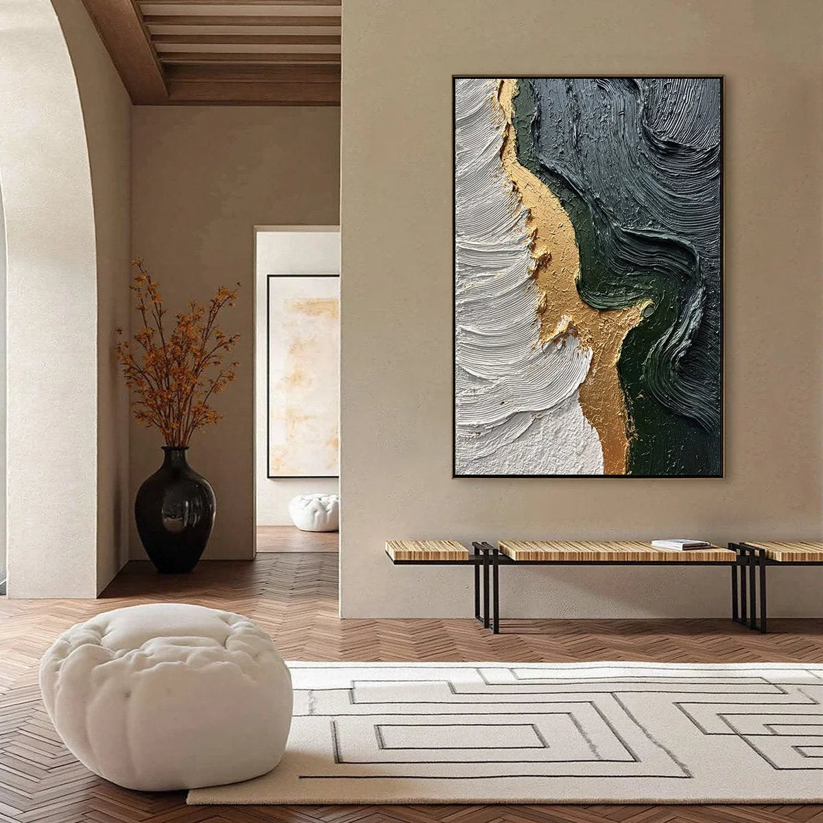 EMERALD SHORE: Textured Abstract Wabi Sabi Wall Art | gold frame stretched on neutral wall