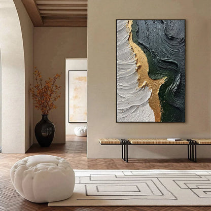 EMERALD SHORE: Textured Abstract Wabi Sabi Wall Art | gold frame stretched on neutral wall