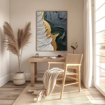 EMERALD SHORE: Textured Abstract Wabi Sabi Wall Art | black frame version on white wall