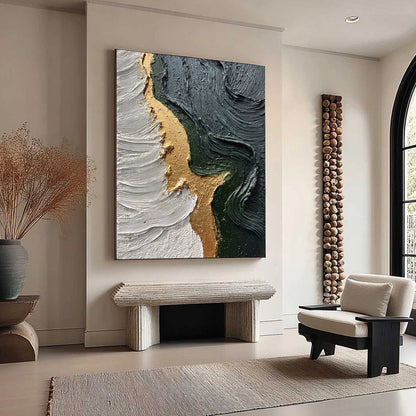EMERALD SHORE: Textured Abstract Wabi Sabi Wall Art | green palette, original Hand-painted on premium stretched canvas using artist-grade oils; rich layered surface combines smooth gradients with t...