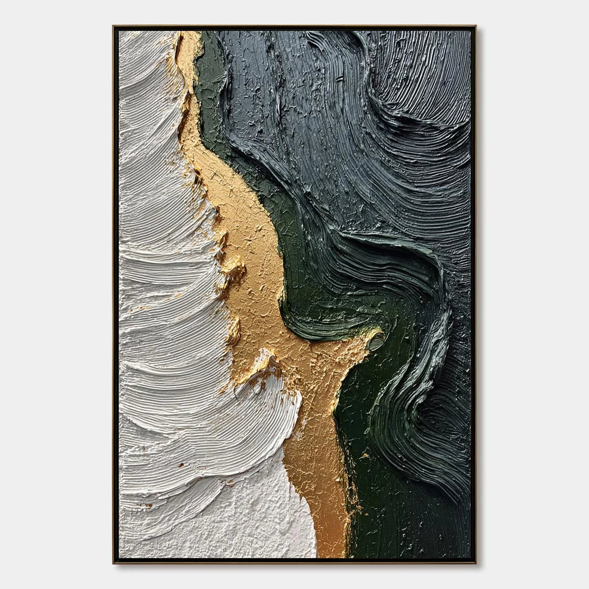 EMERALD SHORE: Textured Abstract Wabi Sabi Wall Art | hanging in EMERALD SHORE: Textured Abstract Wabi Sabi Wall Art featuring layered textured brushwork in refined tones; abstract composition with...
