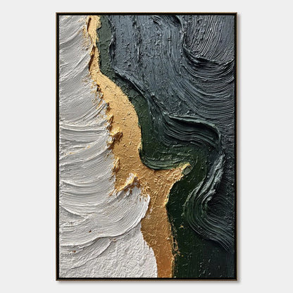 EMERALD SHORE: Textured Abstract Wabi Sabi Wall Art | hanging in EMERALD SHORE: Textured Abstract Wabi Sabi Wall Art featuring layered textured brushwork in refined tones; abstract composition with...