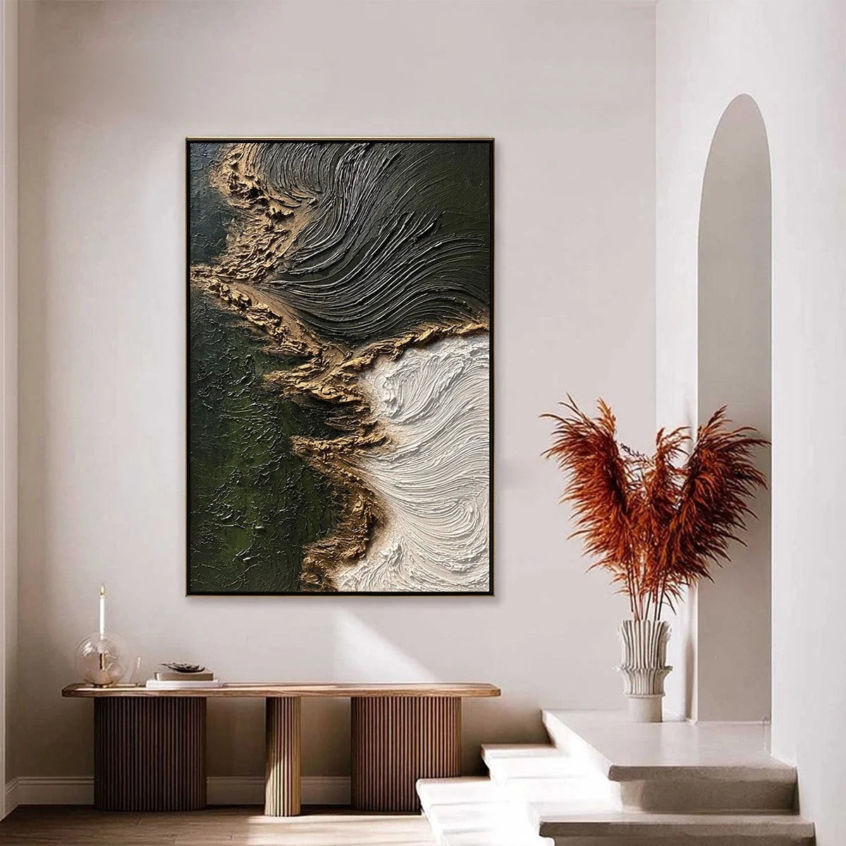 EMERALD SHORE: Wabi Sabi Textured Abstract Coastal Painting | Abstract closeup, raised brushwork detail