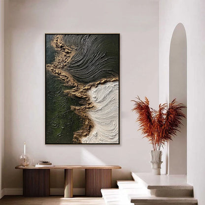 EMERALD SHORE: Wabi Sabi Textured Abstract Coastal Painting | Abstract closeup, raised brushwork detail
