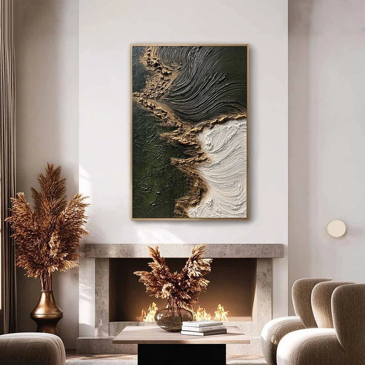 EMERALD SHORE: Wabi Sabi Textured Abstract Coastal Painting | gold frame stretched on neutral wall