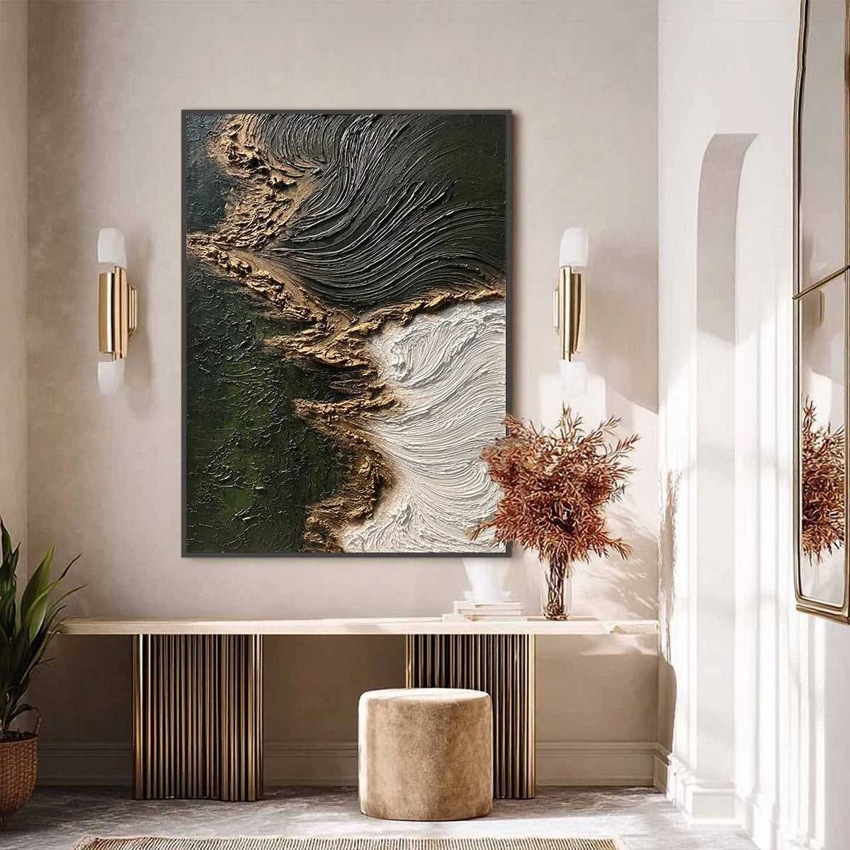 EMERALD SHORE: Wabi Sabi Textured Abstract Coastal Painting | black frame version on white wall