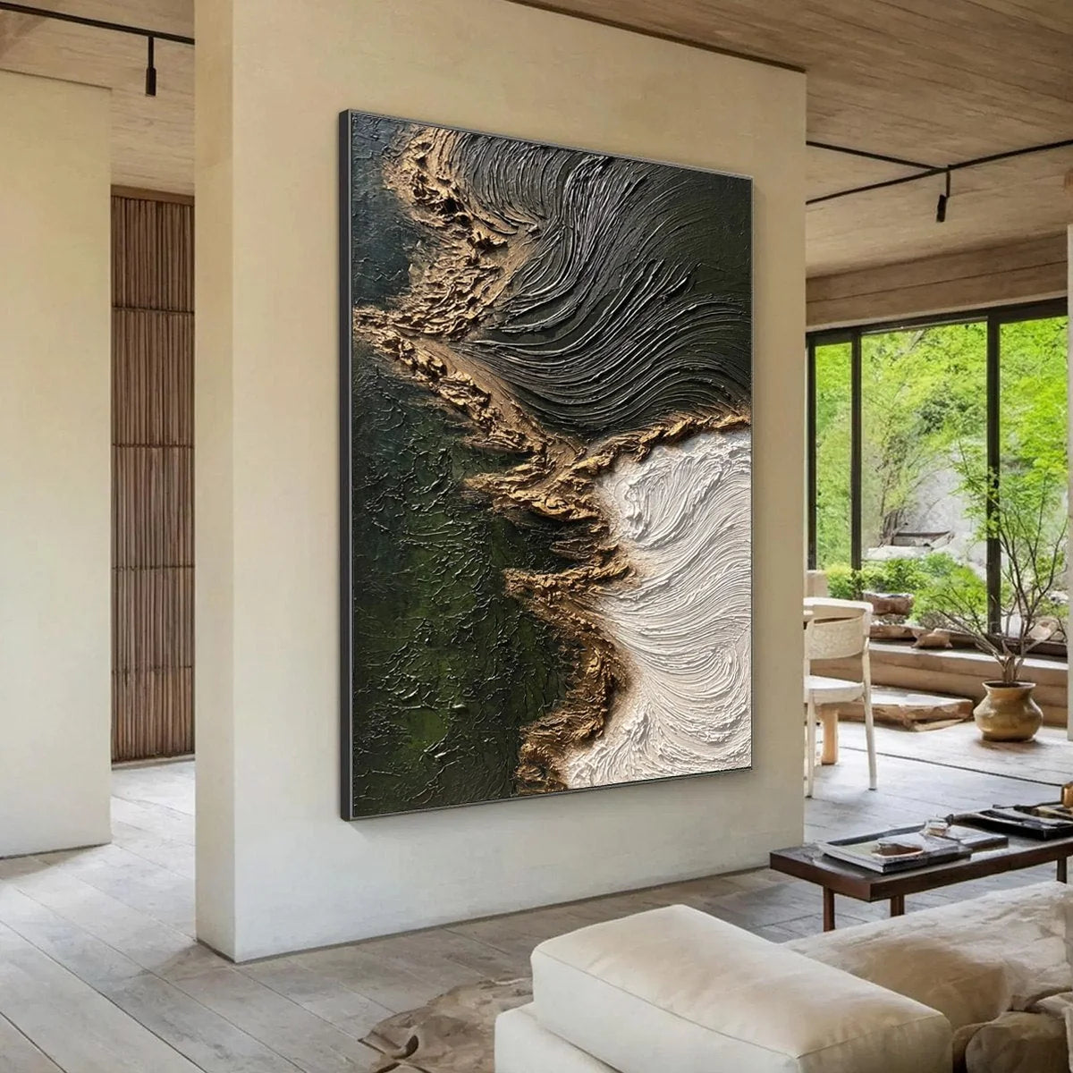 EMERALD SHORE: Wabi Sabi Textured Abstract Coastal Painting | Abstract mood, soft natural light studio shot