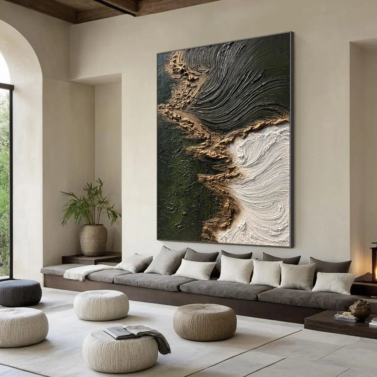 EMERALD SHORE: Wabi Sabi Textured Abstract Coastal Painting | green palette, original Hand-painted on premium stretched canvas using artist-grade oils; rich layered surface combines smooth gradient...