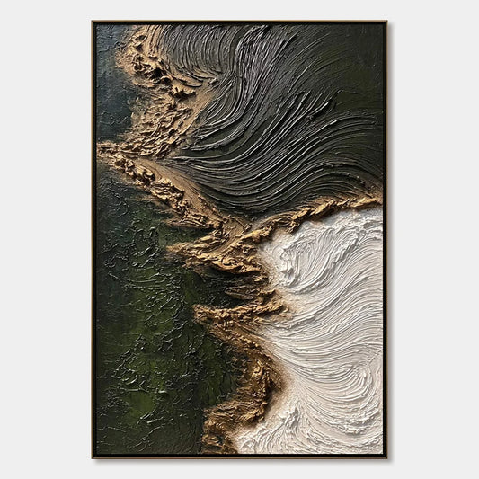 EMERALD SHORE: Wabi Sabi Textured Abstract Coastal Painting | hanging in EMERALD SHORE: Wabi Sabi Textured Abstract Coastal Painting featuring layered textured brushwork in refined tones; abstract ...