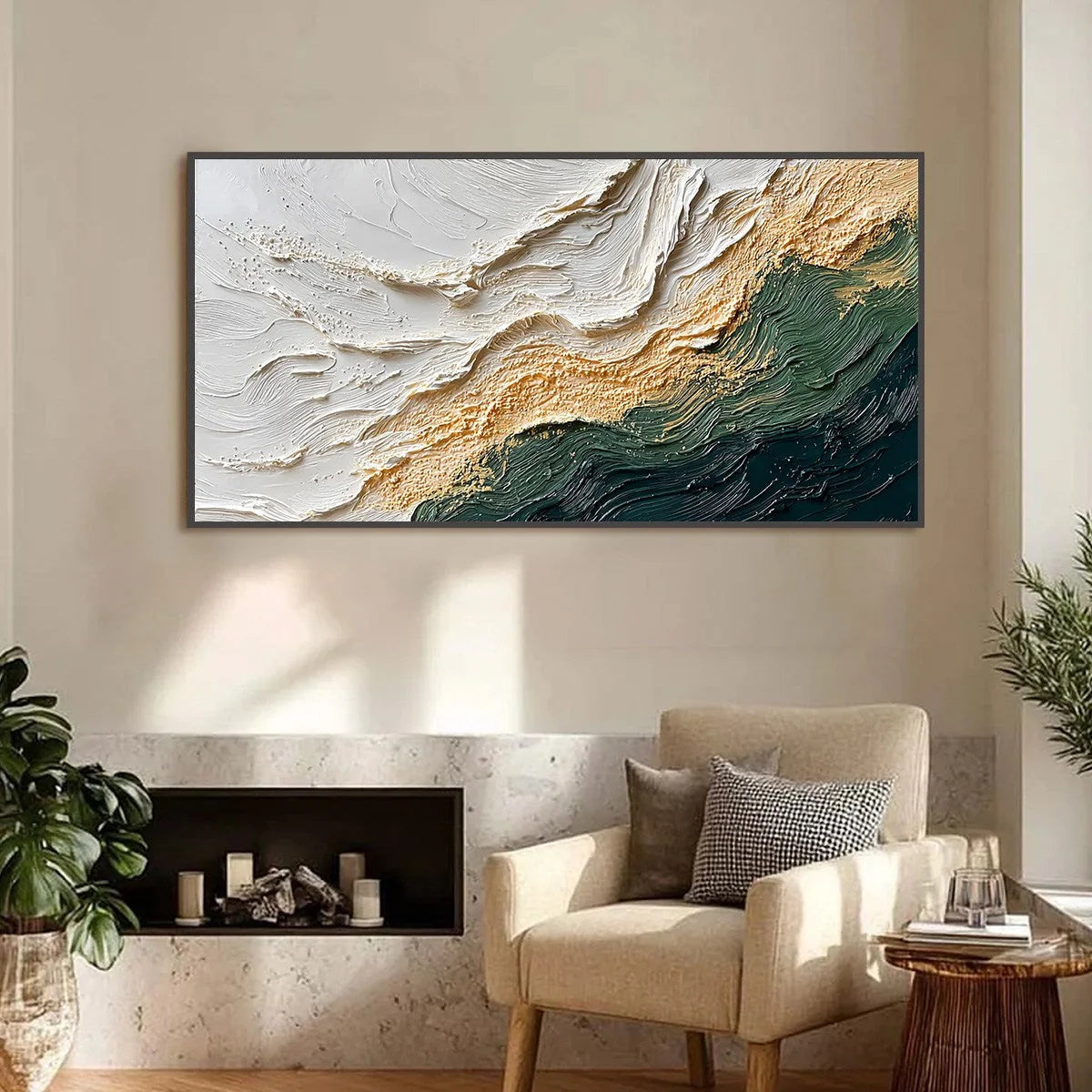 EMERALD SHORELINE: Large Textured Abstract Wabi Sabi Wall Art | Abstract closeup, raised brushwork detail
