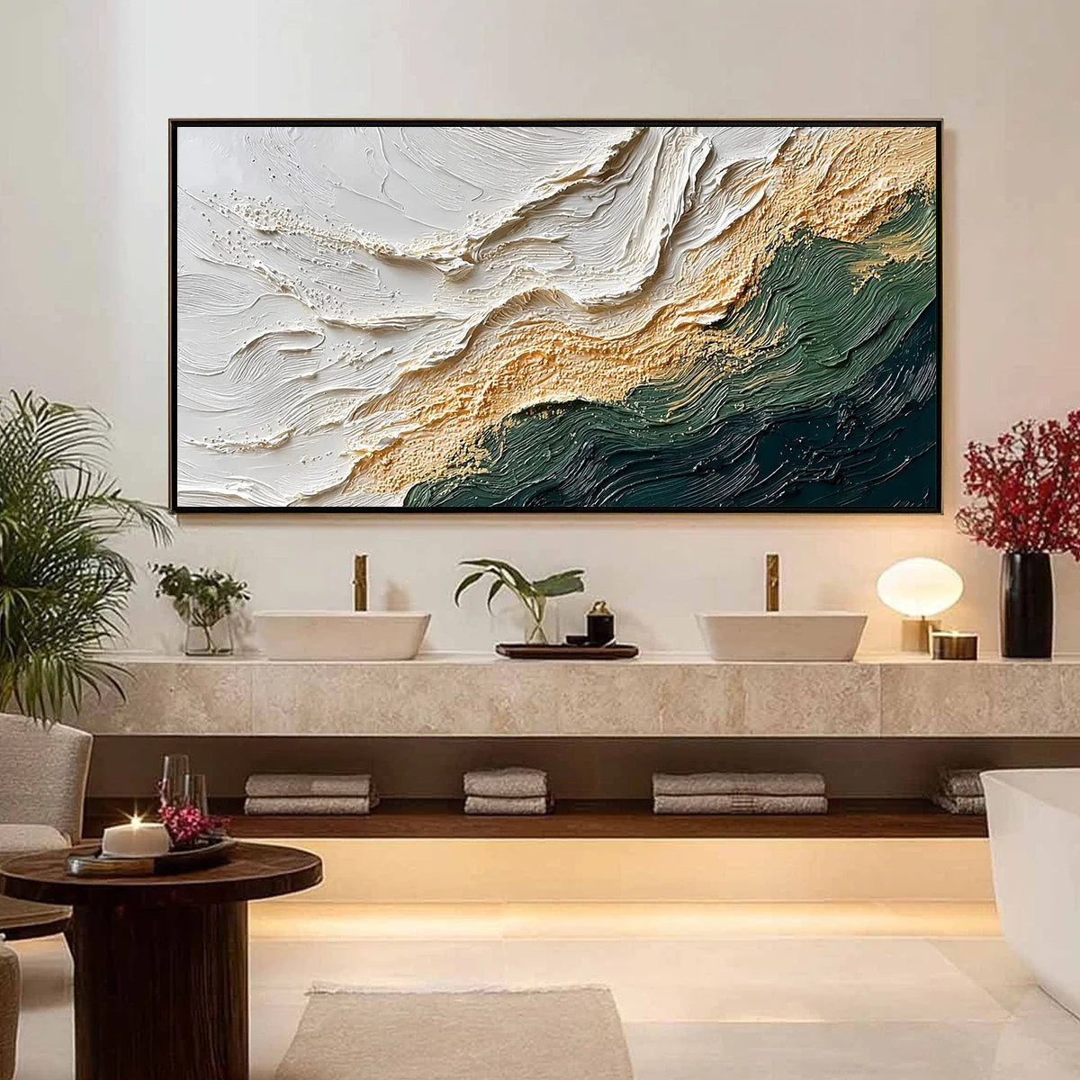 EMERALD SHORELINE: Large Textured Abstract Wabi Sabi Wall Art | gold frame stretched on neutral wall