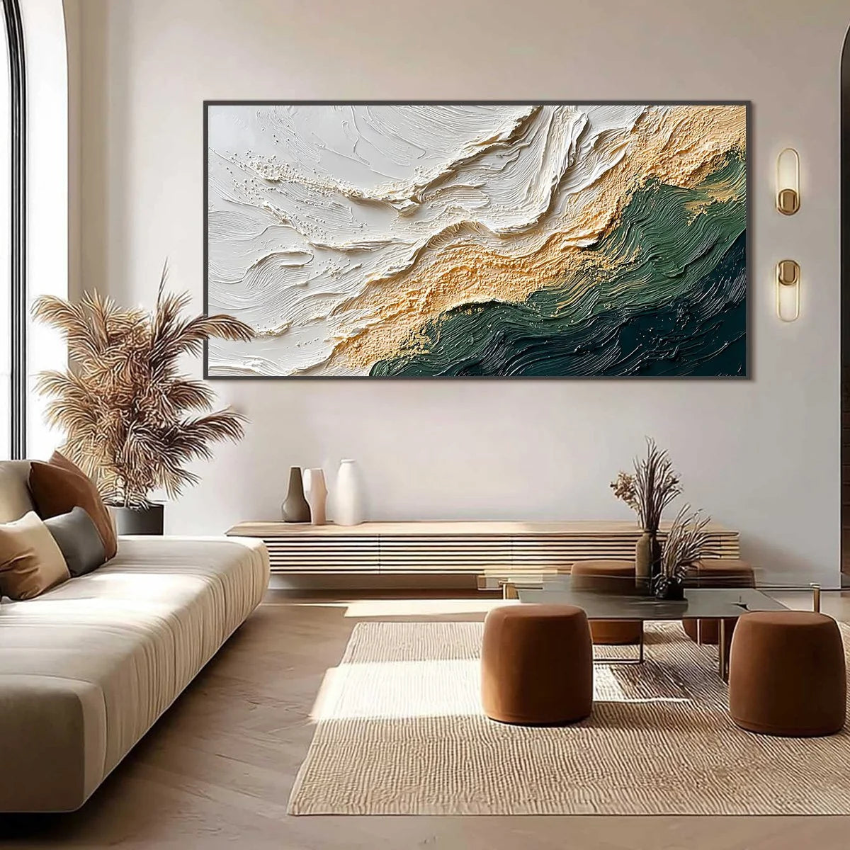 EMERALD SHORELINE: Large Textured Abstract Wabi Sabi Wall Art | black frame version on white wall