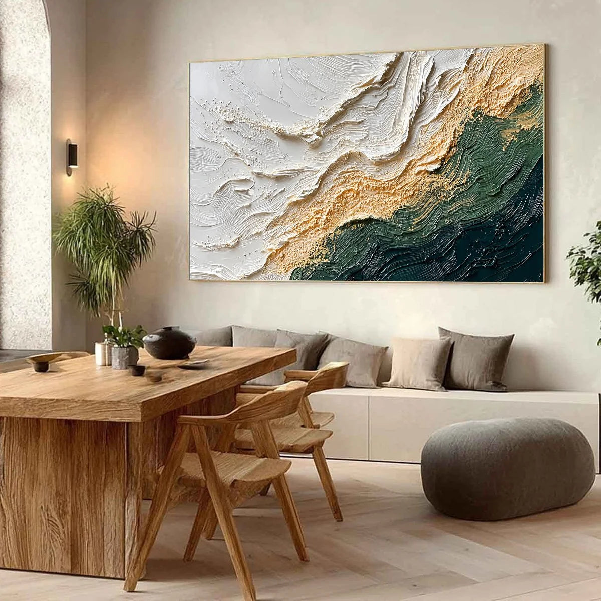 EMERALD SHORELINE: Large Textured Abstract Wabi Sabi Wall Art | Abstract mood, soft natural light studio shot