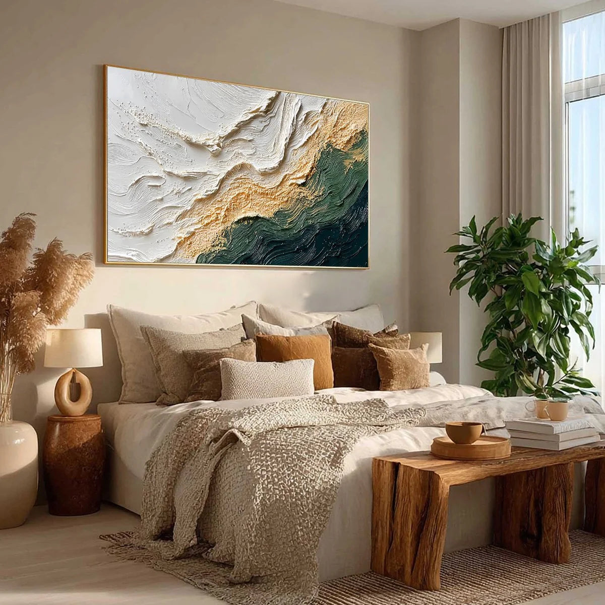 EMERALD SHORELINE: Large Textured Abstract Wabi Sabi Wall Art | green palette, original Hand-painted on premium stretched canvas using artist-grade oils; rich layered surface combines smooth gradie...