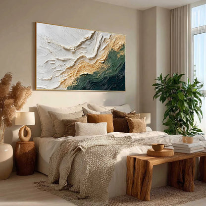 EMERALD SHORELINE: Large Textured Abstract Wabi Sabi Wall Art | green palette, original Hand-painted on premium stretched canvas using artist-grade oils; rich layered surface combines smooth gradie...