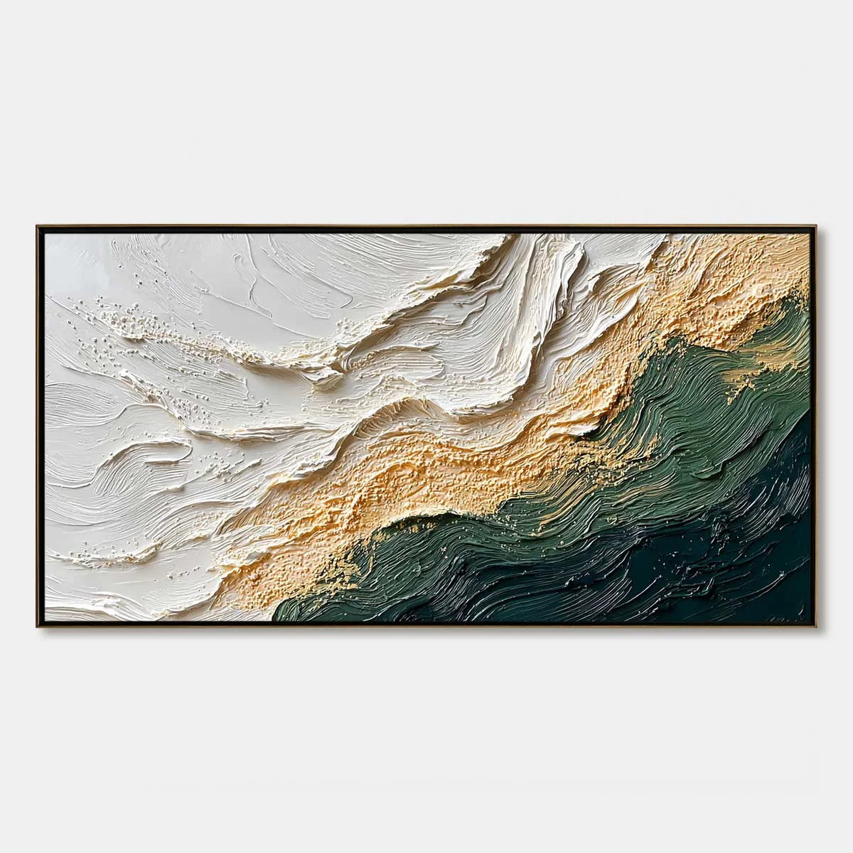 EMERALD SHORELINE: Large Textured Abstract Wabi Sabi Wall Art | hanging in EMERALD SHORELINE: Large Textured Abstract Wabi Sabi Wall Art featuring layered textured brushwork in refined tones; abstr...