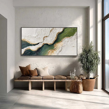 EMERALD SHORELINE: Textured Wabi Sabi Abstract Coastal Landscape Painting | gold frame stretched on neutral wall