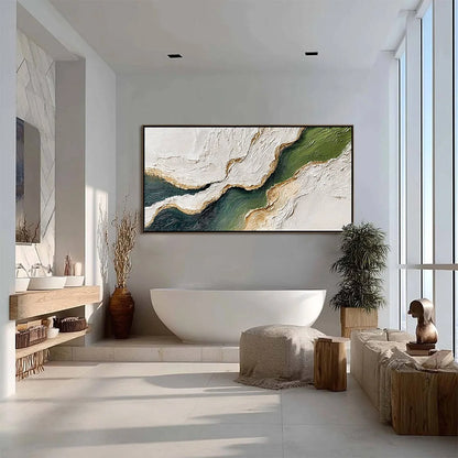 EMERALD SHORELINE: Textured Wabi Sabi Abstract Coastal Landscape Painting | black frame version on white wall